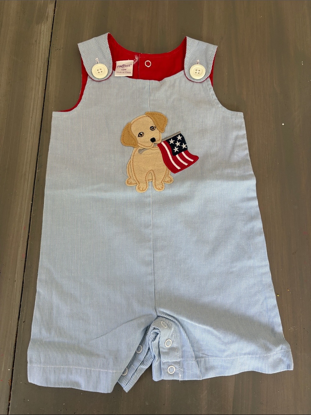 Blue Seersucker Puppy Applique Baby Romper with Red Trim